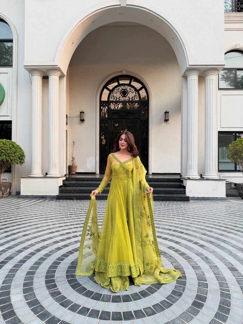 Mehendi Green Wedding Functions Gown Full Stiched