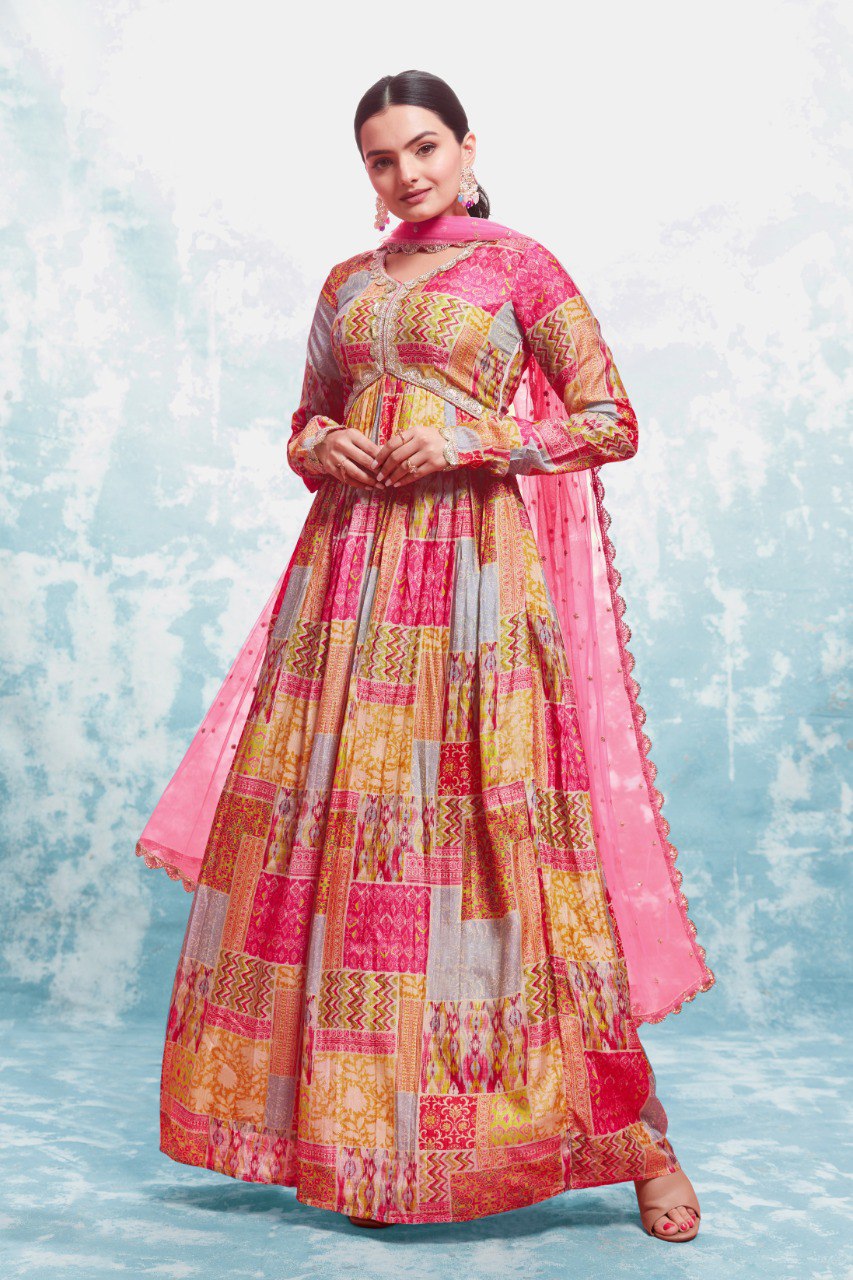 Multi Color Cotton Digital Printed Gown With Dupatta