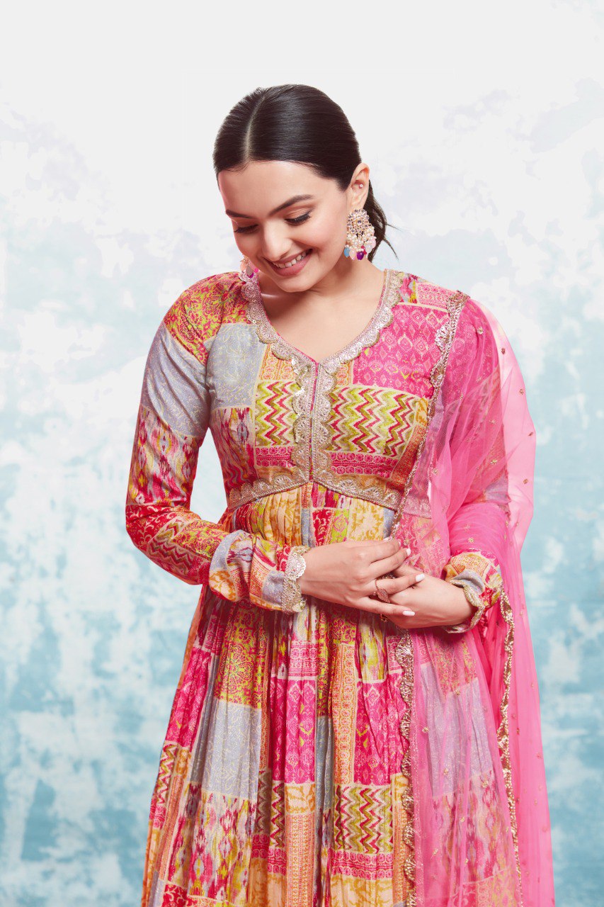 Multi Color Cotton Digital Printed Gown With Dupatta