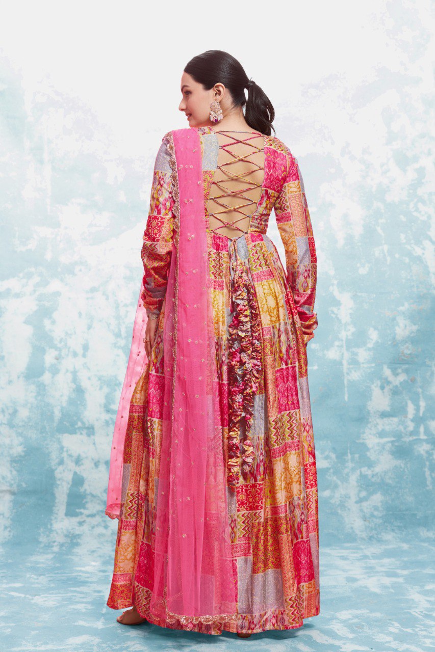 Multi Color Cotton Digital Printed Gown With Dupatta