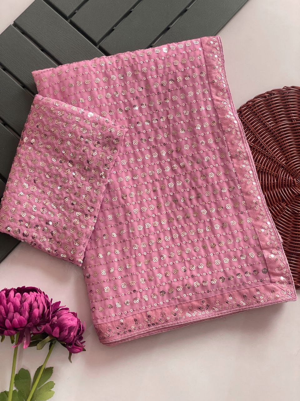 Onion Colour Georgette Saree With Heavy Sequins Embroidery