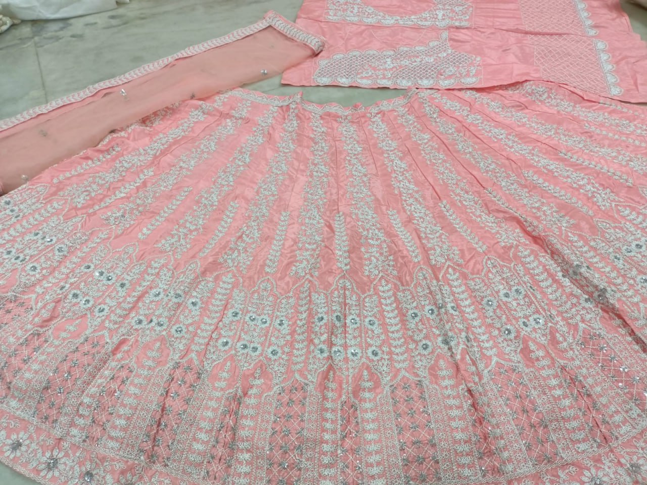 Dark Peach Color Chinon Silk Thread Work Lehenga Choli