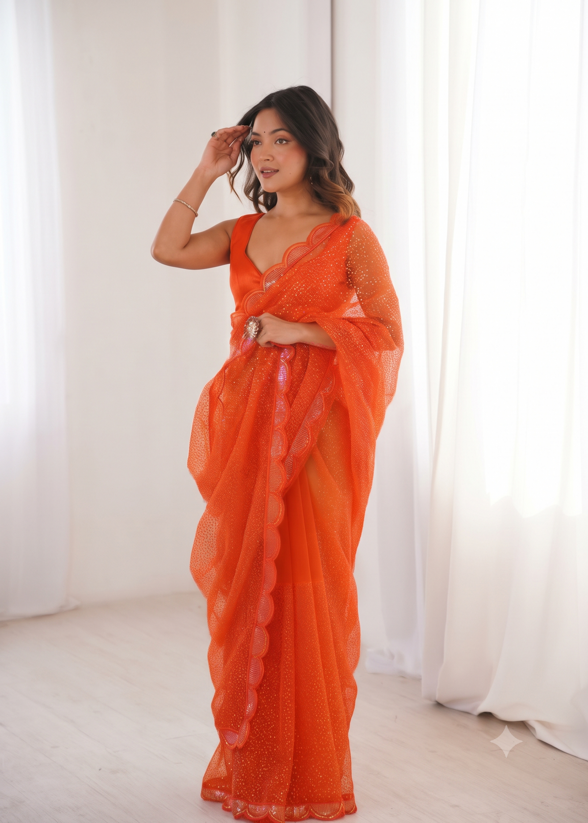 Embellished Net Saree with Intricate Tone-on-Tone Sequin Work and Scalloped Hemline with Unstitched Blouse