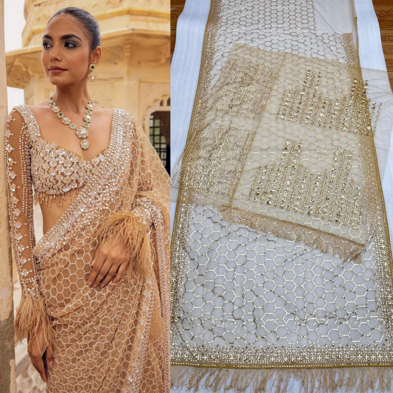 Golden Embroidered Net Saree with Sequins & Designer Blouse
