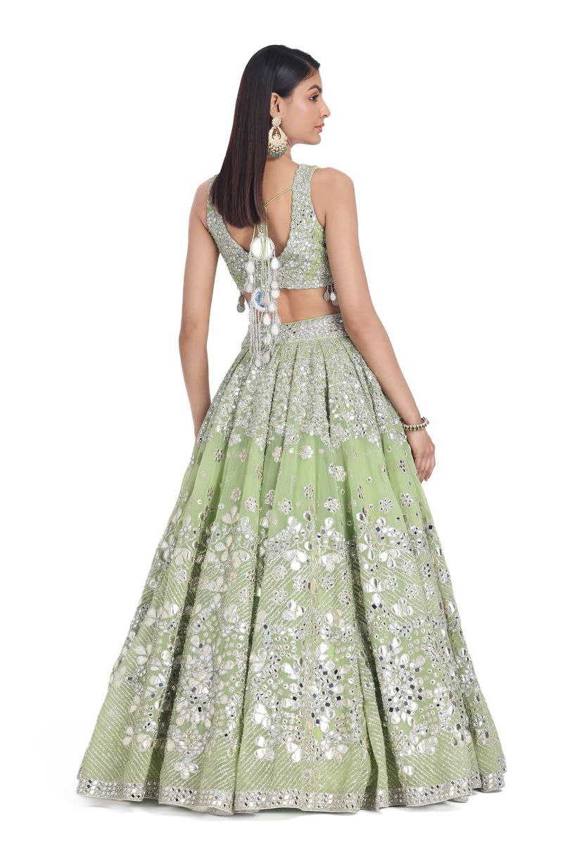 Wedding Wear Pista Color Georgette Embroidered Lehenga Choli