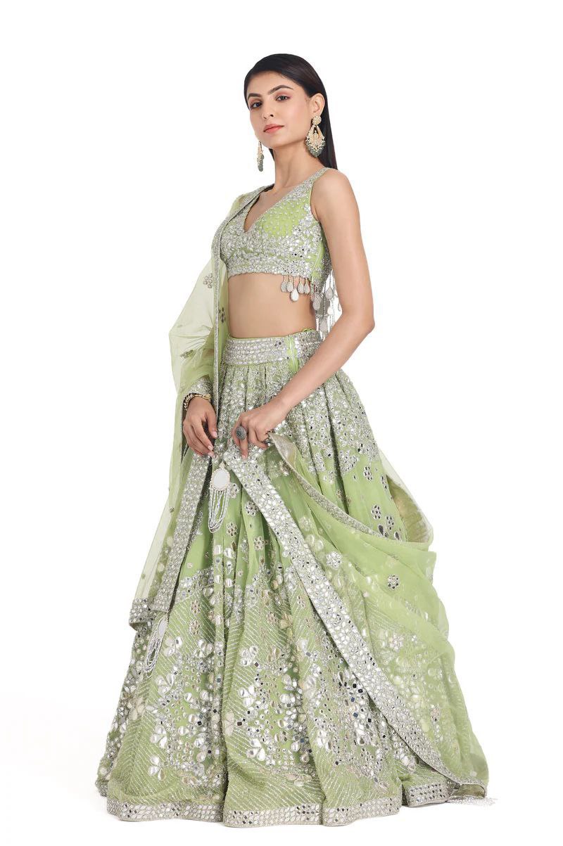 Wedding Wear Pista Color Georgette Embroidered Lehenga Choli