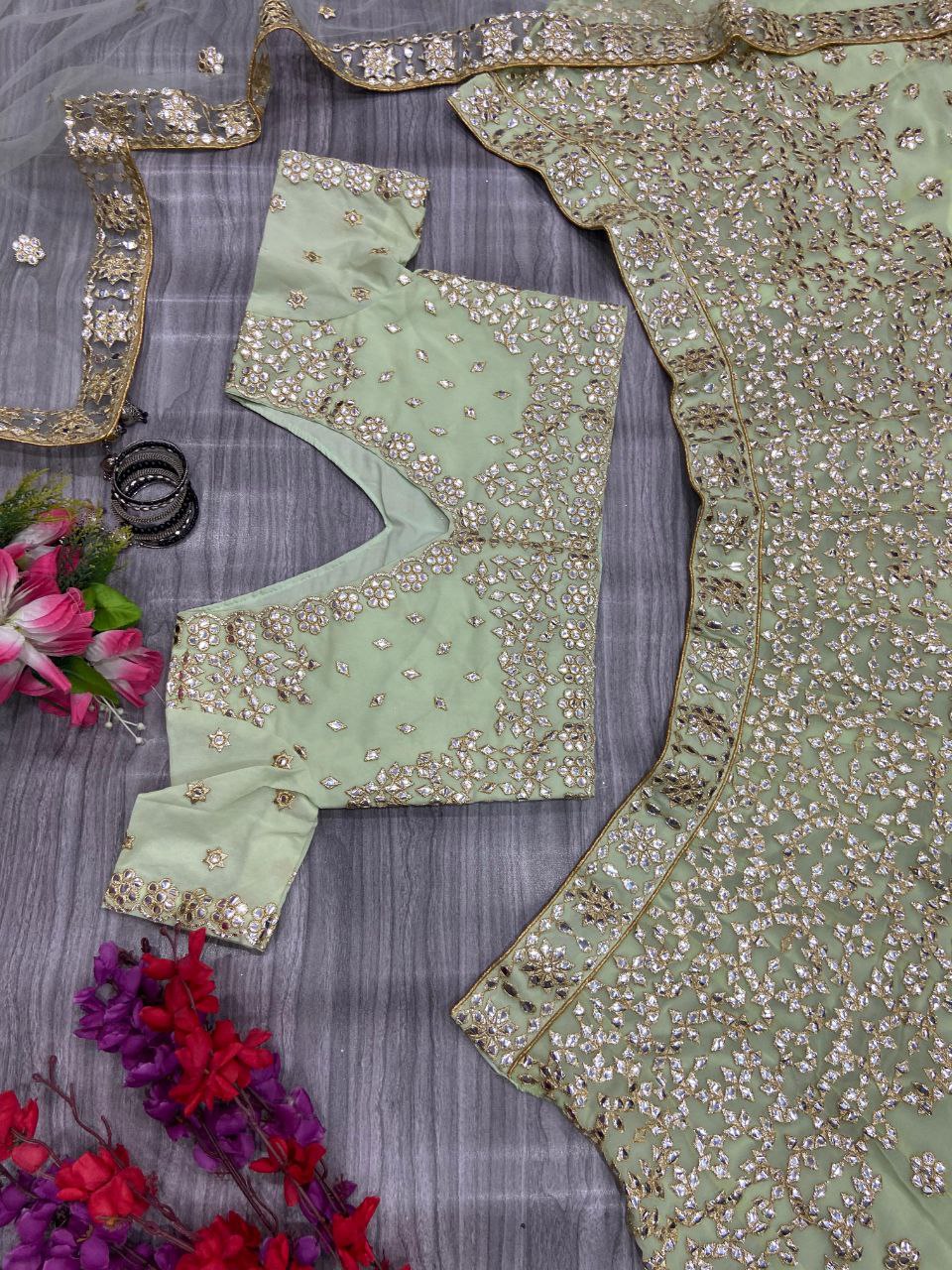 Wedding Wear Pista Color Georgette Embroidered Lehenga Choli