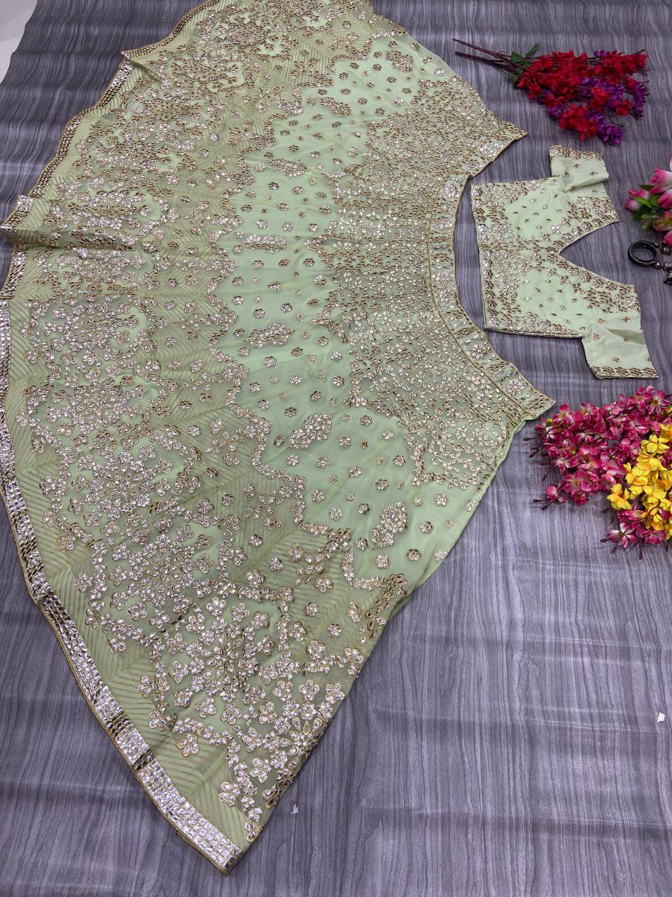 Wedding Wear Pista Color Georgette Embroidered Lehenga Choli