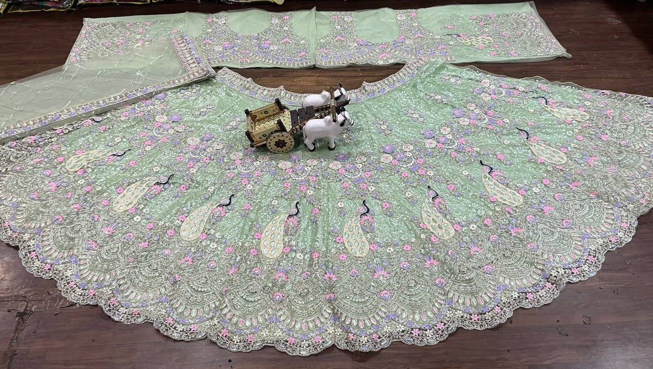 Wedding Wear Green Pista Color Net Coding Work Lehenga Choli