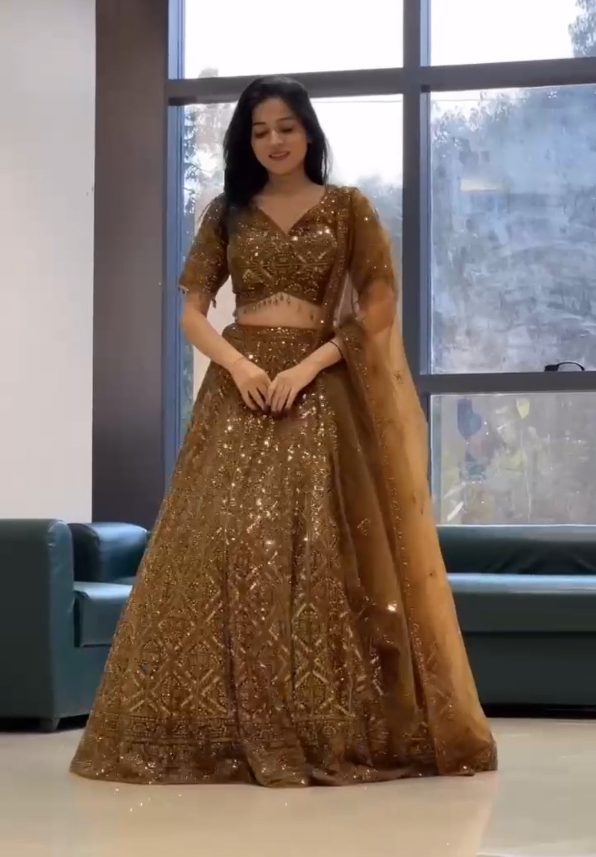 Rust Color Sequence Work Soft Net Lehenga Choli