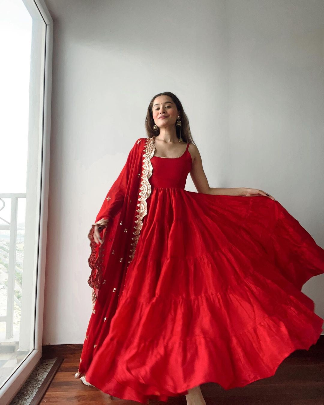 Full Fleir Stiched Red Colour Georgette Trending Party Wear Gown With Fancy Duppta