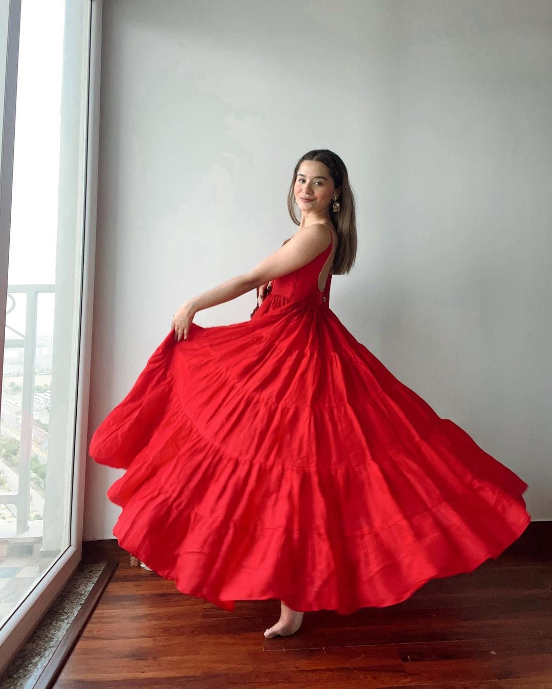 Full Fleir Stiched Red Colour Georgette Trending Party Wear Gown With Fancy Duppta