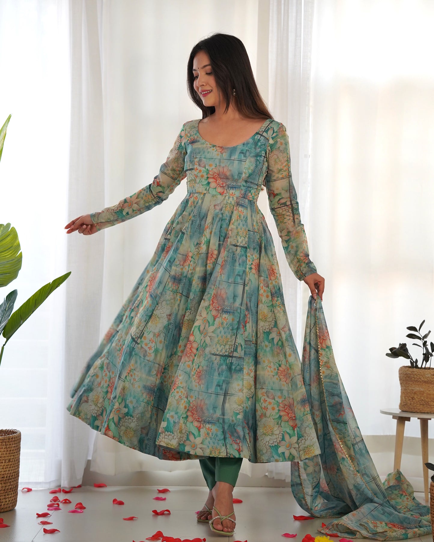 Party Wear Soft Organza Print Ready to Wear Gown