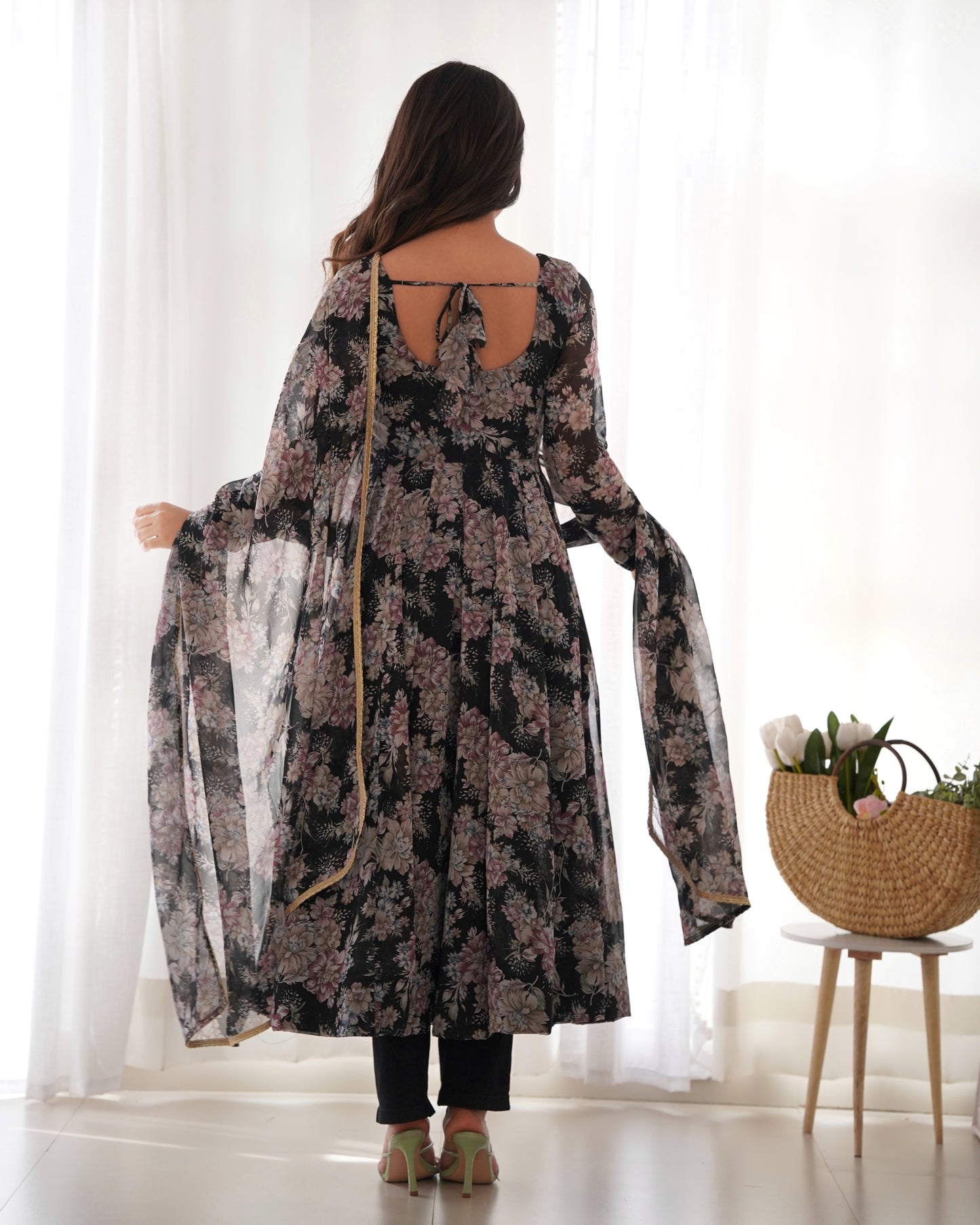Black Color Georgette Long Anarkali Style Suit Gown Set