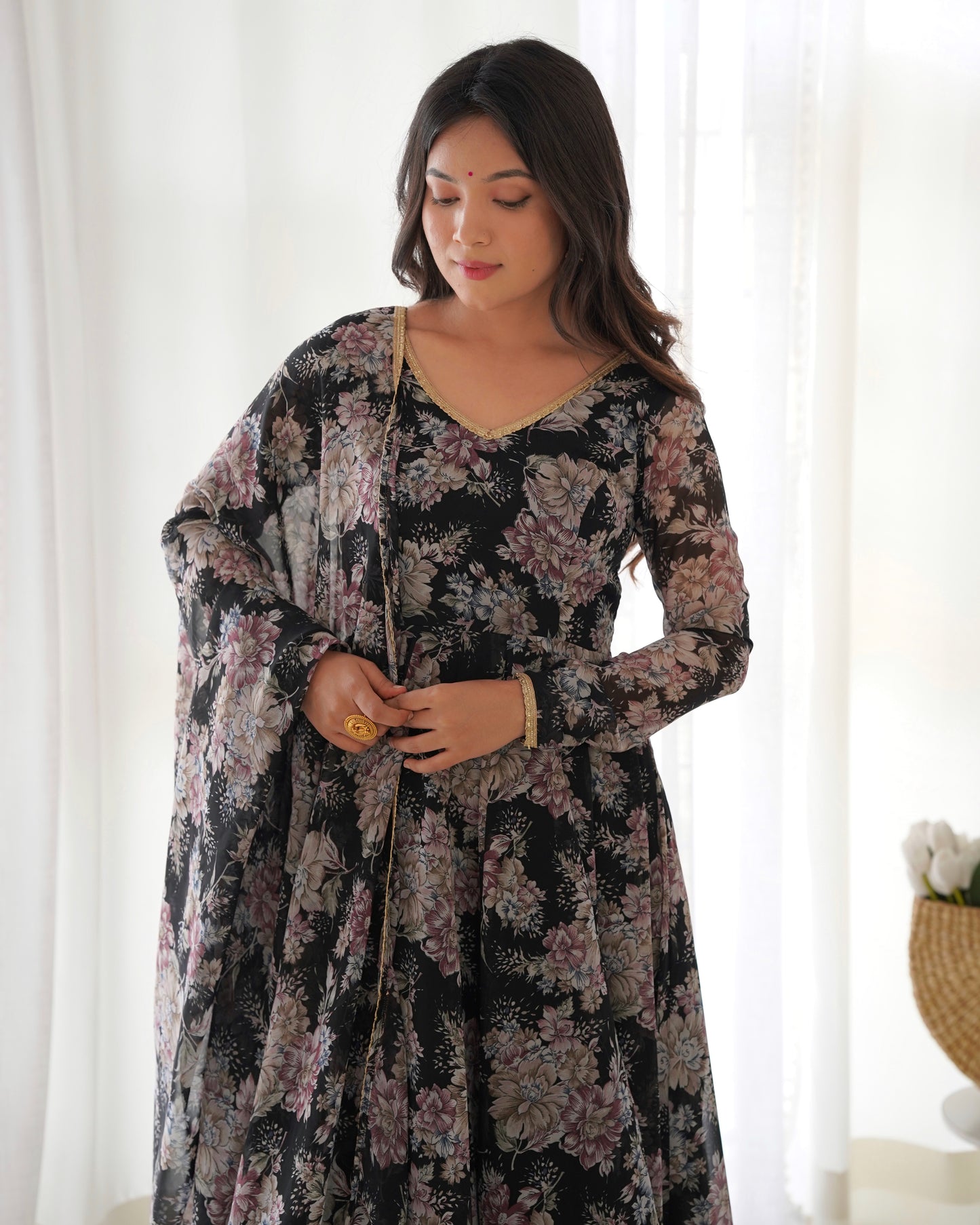Black Color Georgette Long Anarkali Style Suit Gown Set