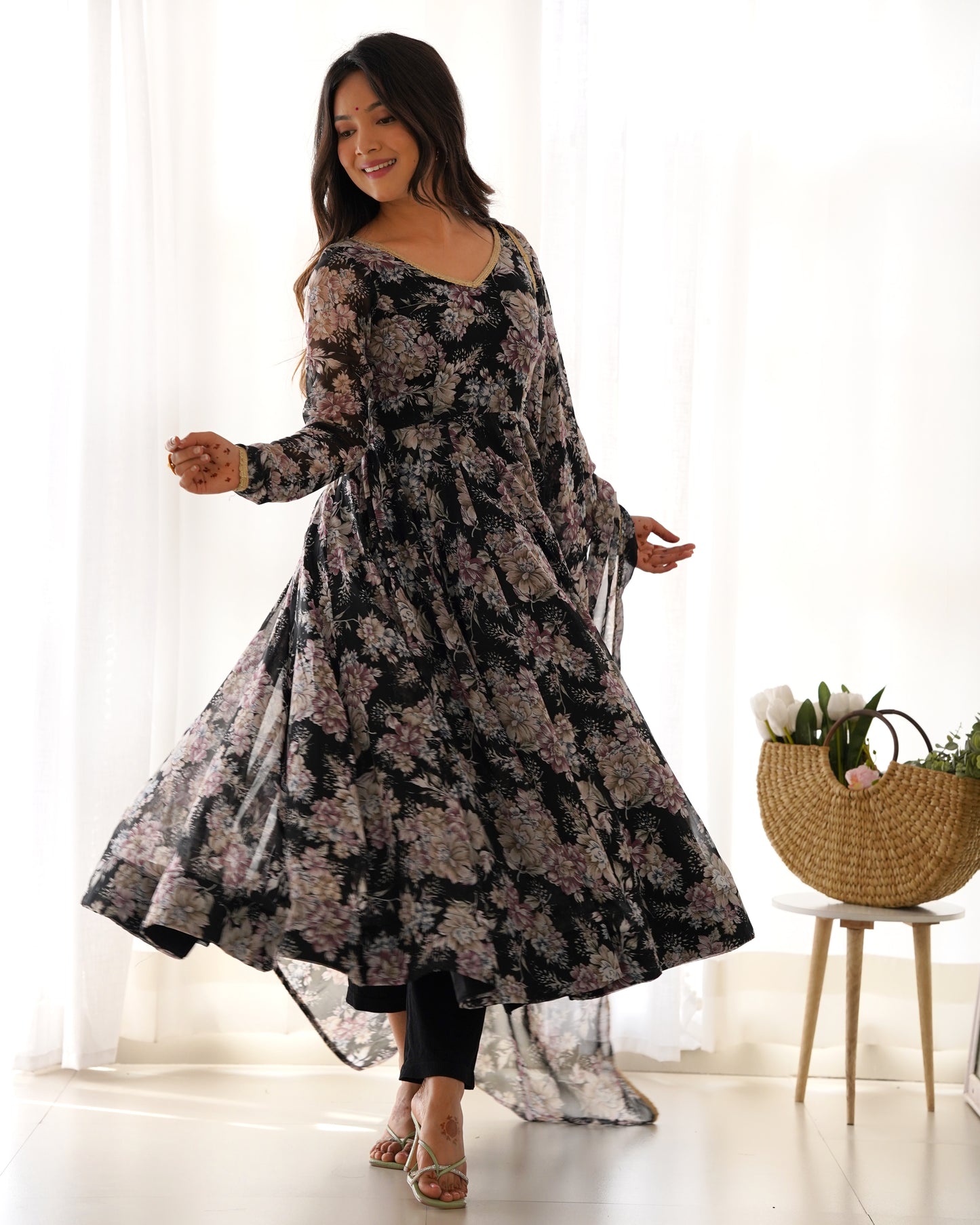 Black Color Georgette Long Anarkali Style Suit Gown Set