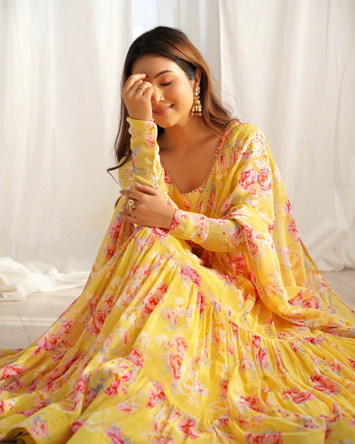 Yellow Color Georgette Print Long Anarkali Style Stitched Suit Set