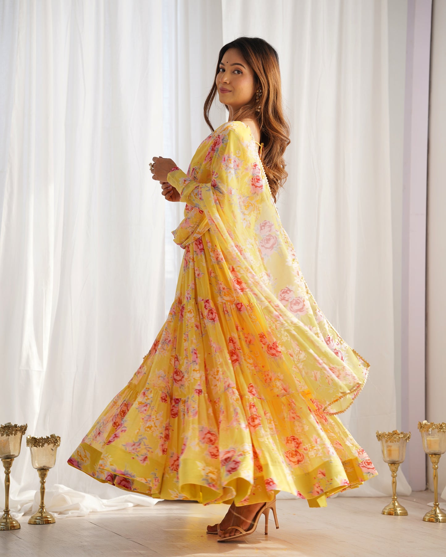 Yellow Color Georgette Print Long Anarkali Style Stitched Suit Set