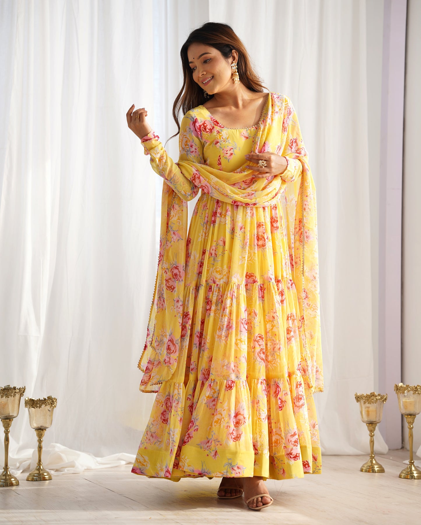 Yellow Color Georgette Print Long Anarkali Style Stitched Suit Set