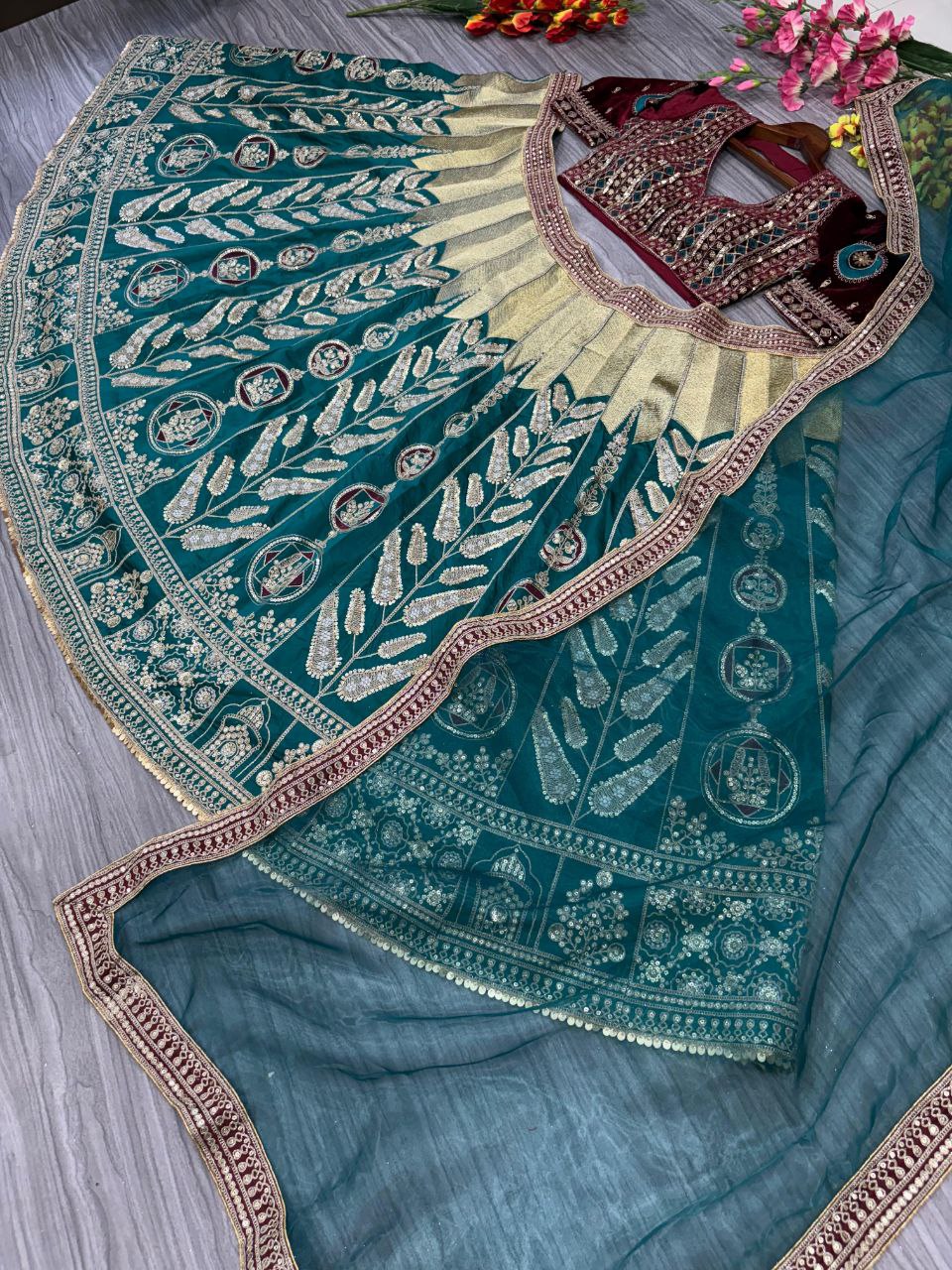 Rama Green Satin Silk Embelish Embroidered Work Lehenga Choli