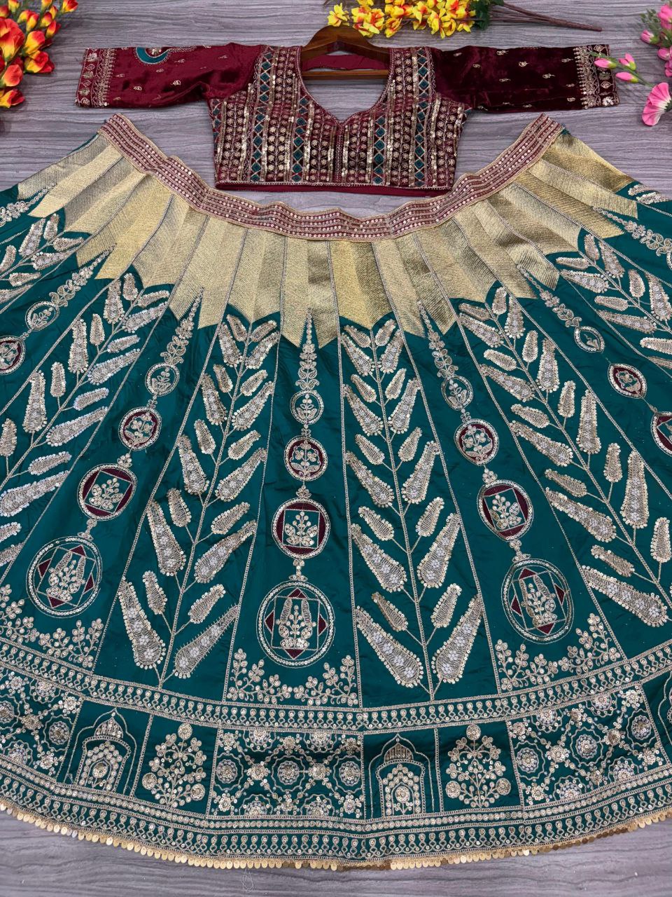 Rama Green Satin Silk Embelish Embroidered Work Lehenga Choli