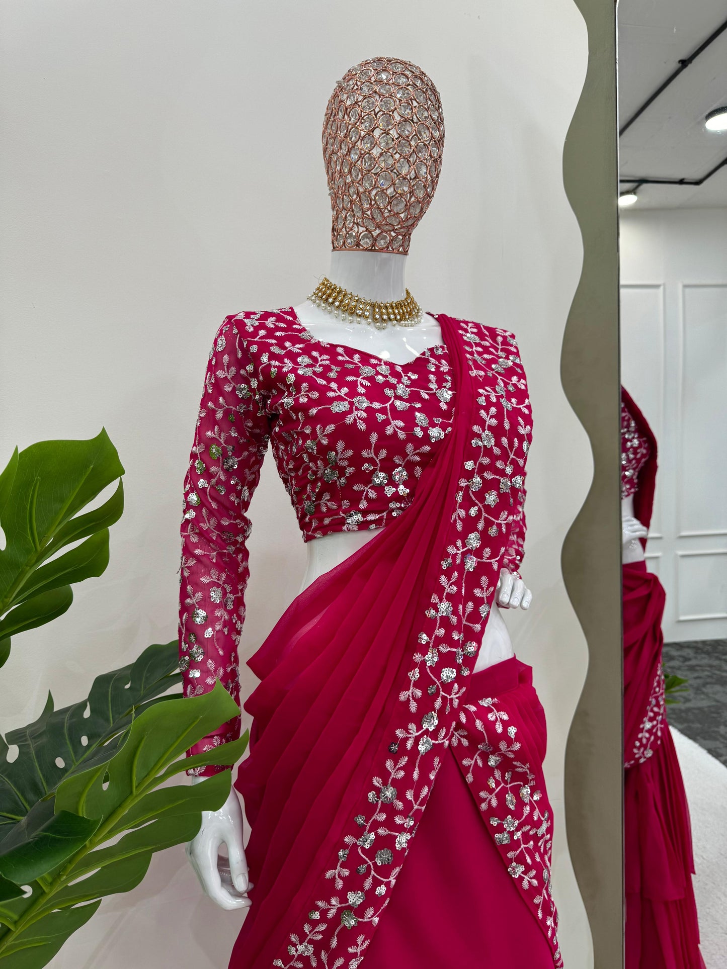 Pink Georgette Ruffle Style Ready to Wear Lehenga Saree