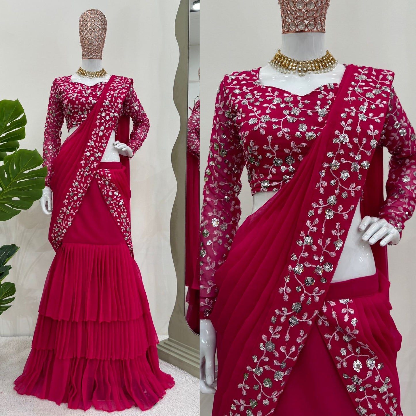 Pink Georgette Ruffle Style Ready to Wear Lehenga Saree