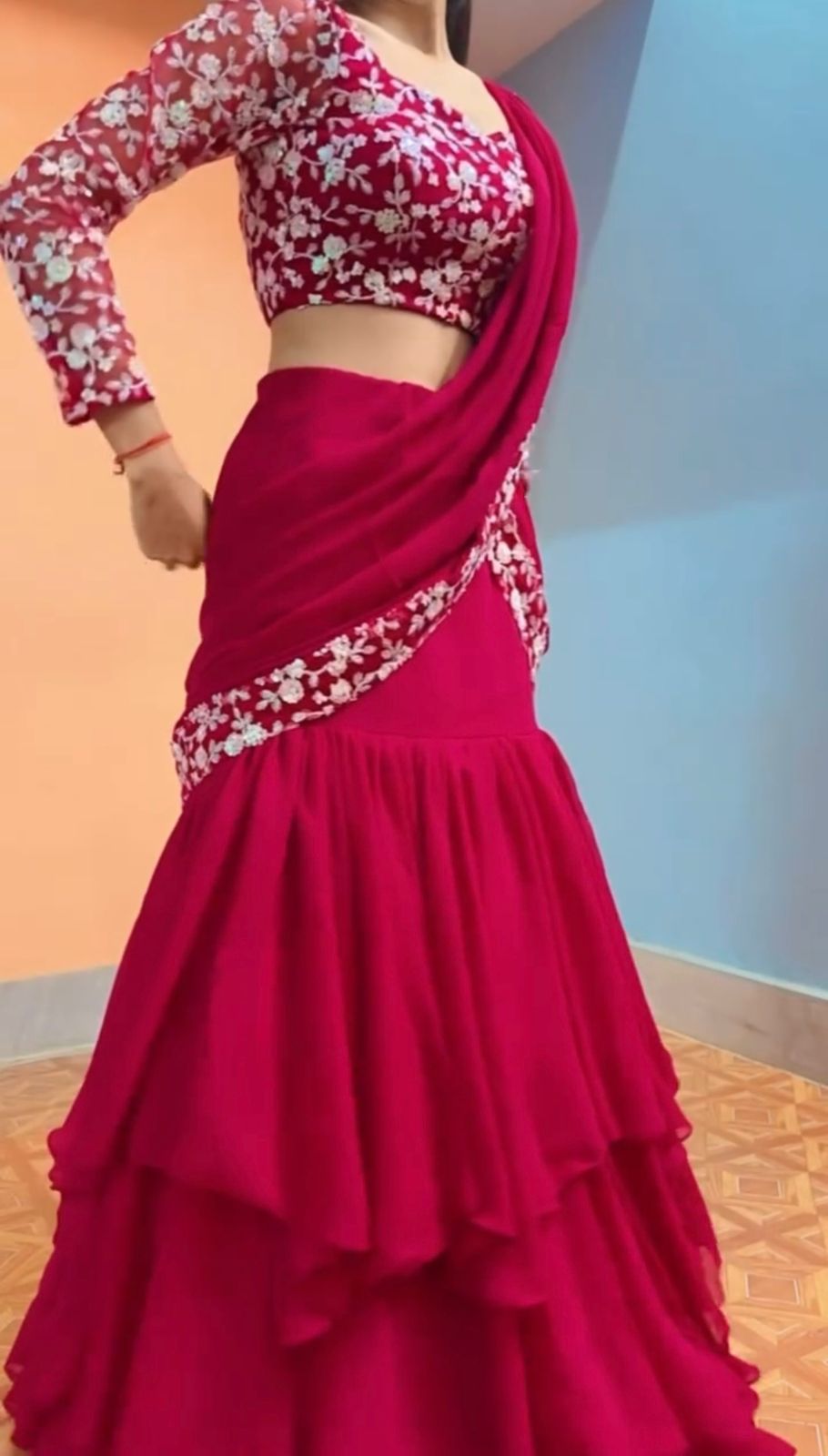 Pink Georgette Ruffle Style Ready to Wear Lehenga Saree