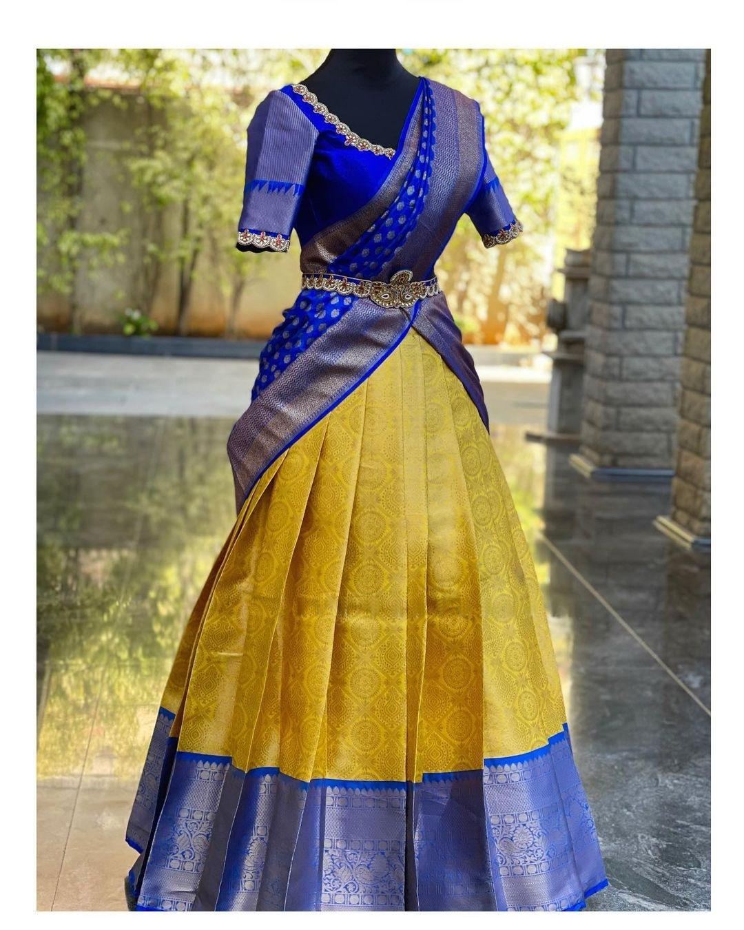 Lemon Colour Kanjiveram Silk Half Saree Lehenga