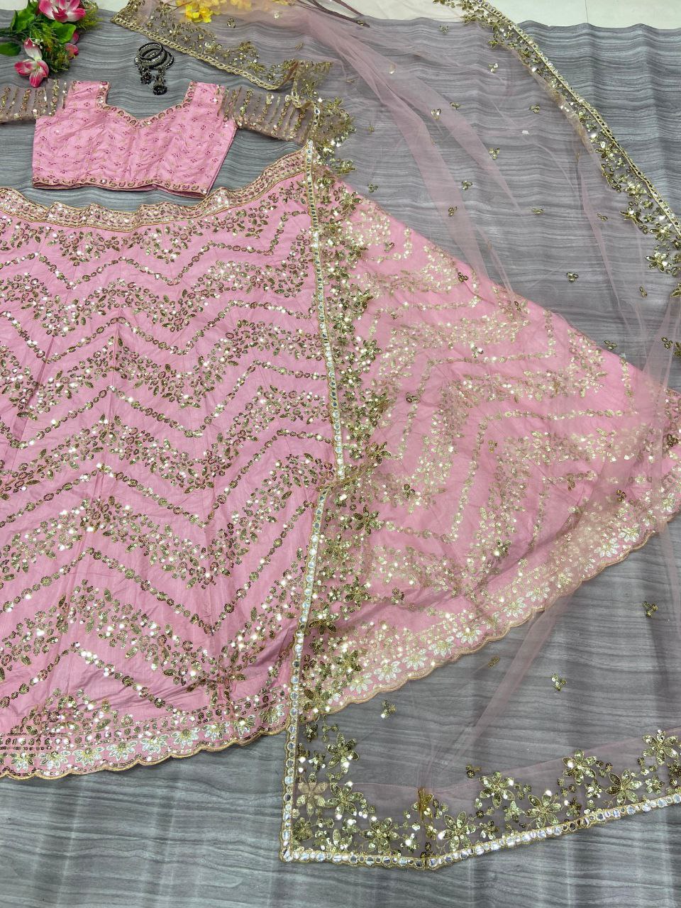 Beautiful Pink Colour Chinon Silk Fabric Multi Thread And Heavy Sequins Lehenga Choli