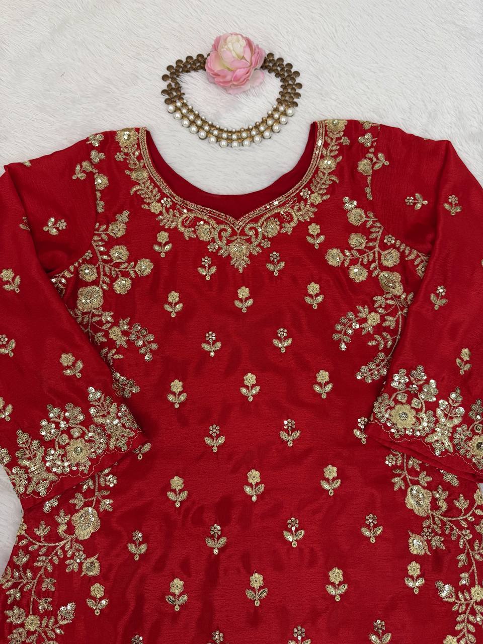Royal Red Ensemble with Intricate Golden Threadwork Sharara Suit
