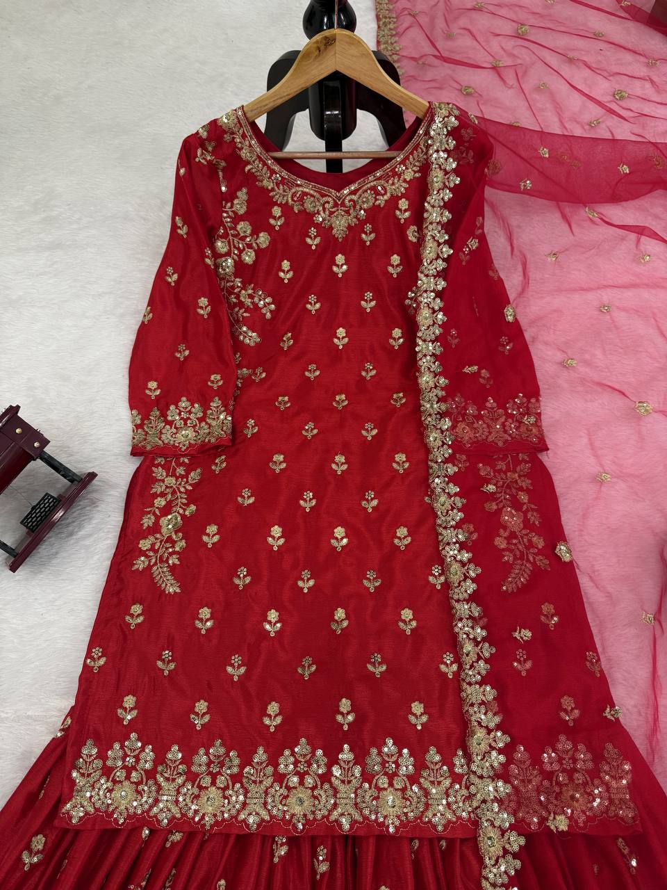 Royal Red Ensemble with Intricate Golden Threadwork Sharara Suit