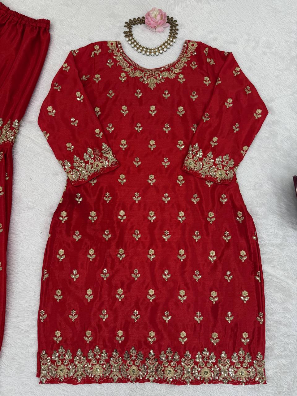 Royal Red Ensemble with Intricate Golden Threadwork Sharara Suit