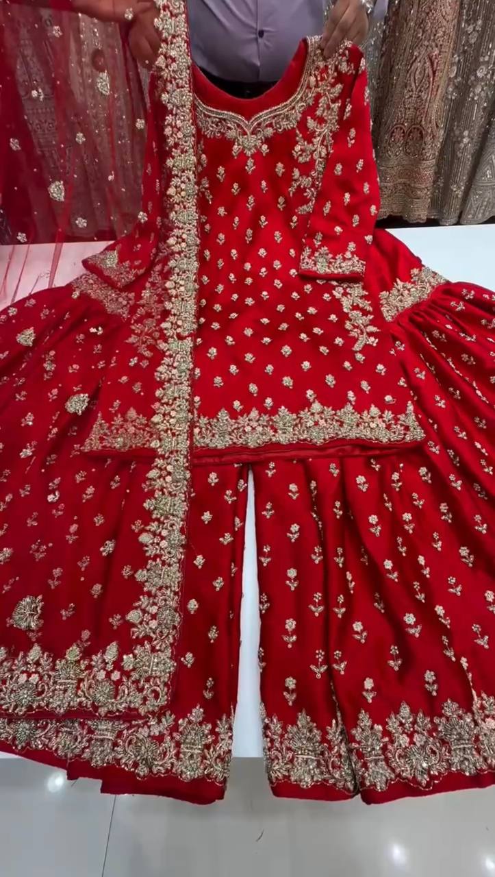 Royal Red Ensemble with Intricate Golden Threadwork Sharara Suit
