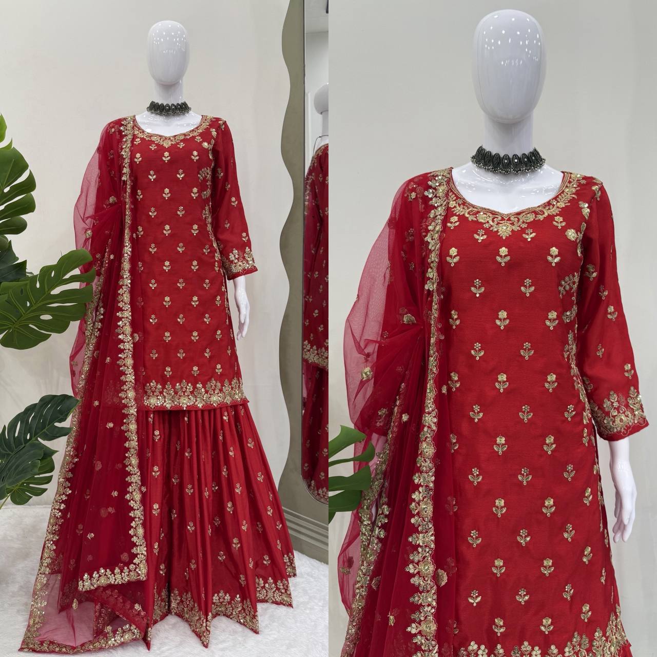 Royal Red Ensemble with Intricate Golden Threadwork Sharara Suit
