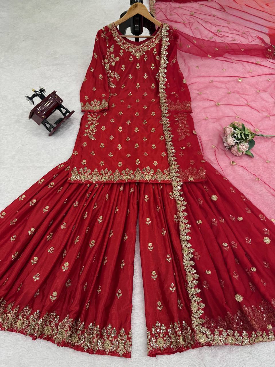 Royal Red Ensemble with Intricate Golden Threadwork Sharara Suit