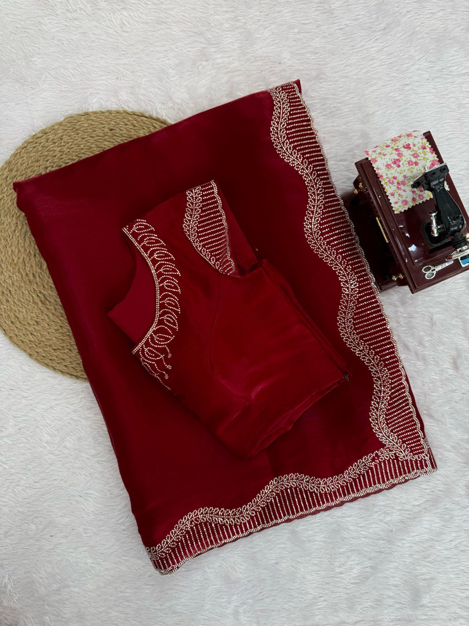 Marron Jimmy Chu Silk Hot Fix Daimond Work Saree