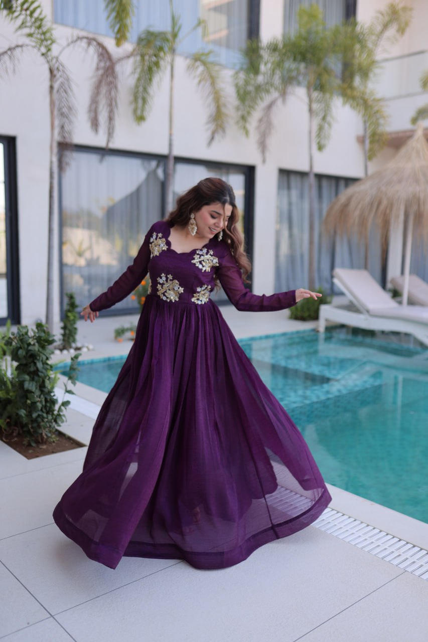 New Stylish Designer Wine Floor-Length Anarkali Gown for Party Wear