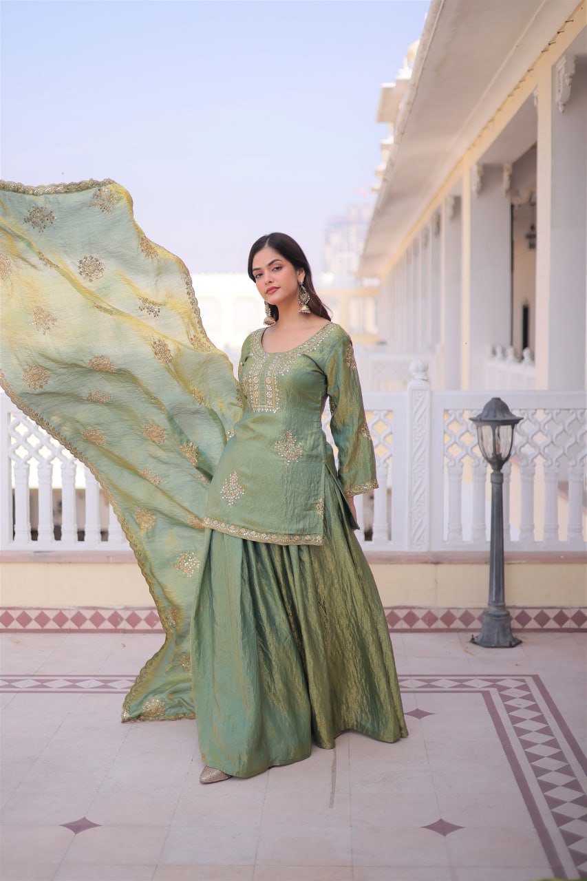 New Women's Trendy Traditional Sharara Suit with Intricate Mirror and Thread Embroidery Work