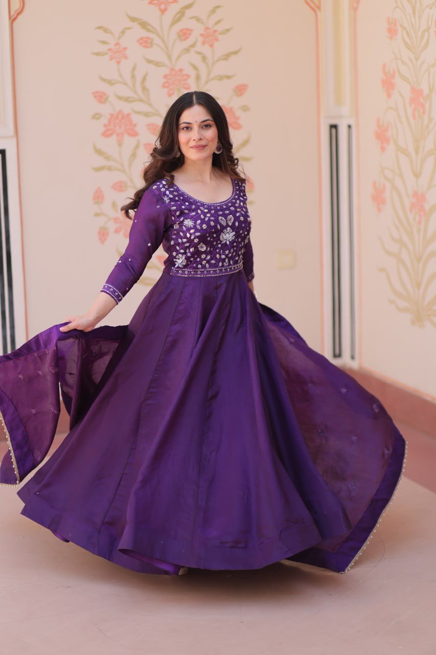 New Women's Deep Purple Embroidered Anarkali Suit with Matching Dupatta Set