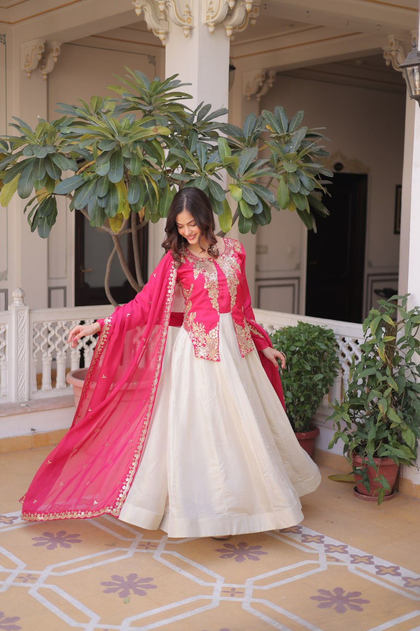 Womens's New Rani Pink and Cream Embroidered Jacket Style Suit Set