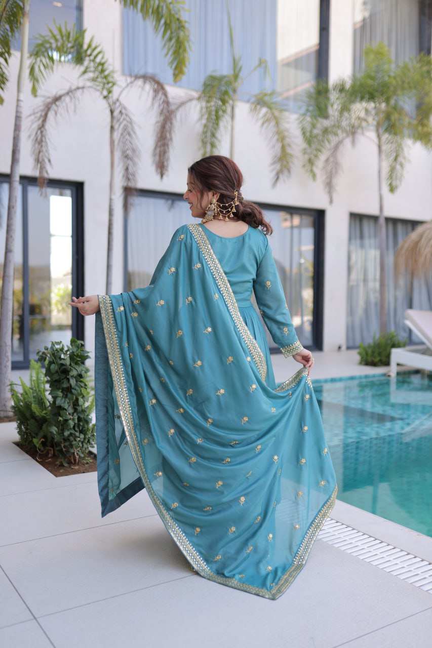 Women's New Teal Blue Embroidered Anarkali Kurta with Matching Sharara and Dupatta Set