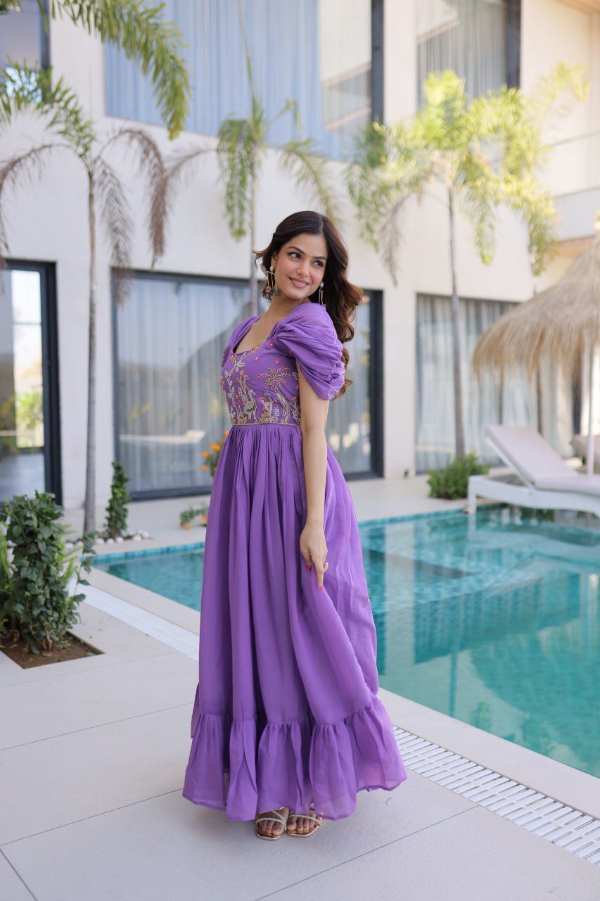 New Latest Designer Lavender Embroidered Ruffle-Sleeve Maxi Dress