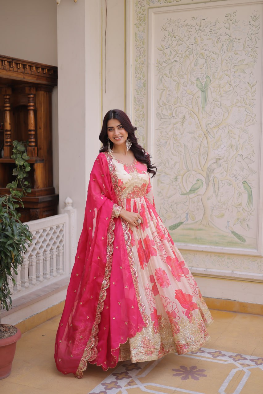 New Latest Festive Wear Cream and Red Embroidered Anarkali Set