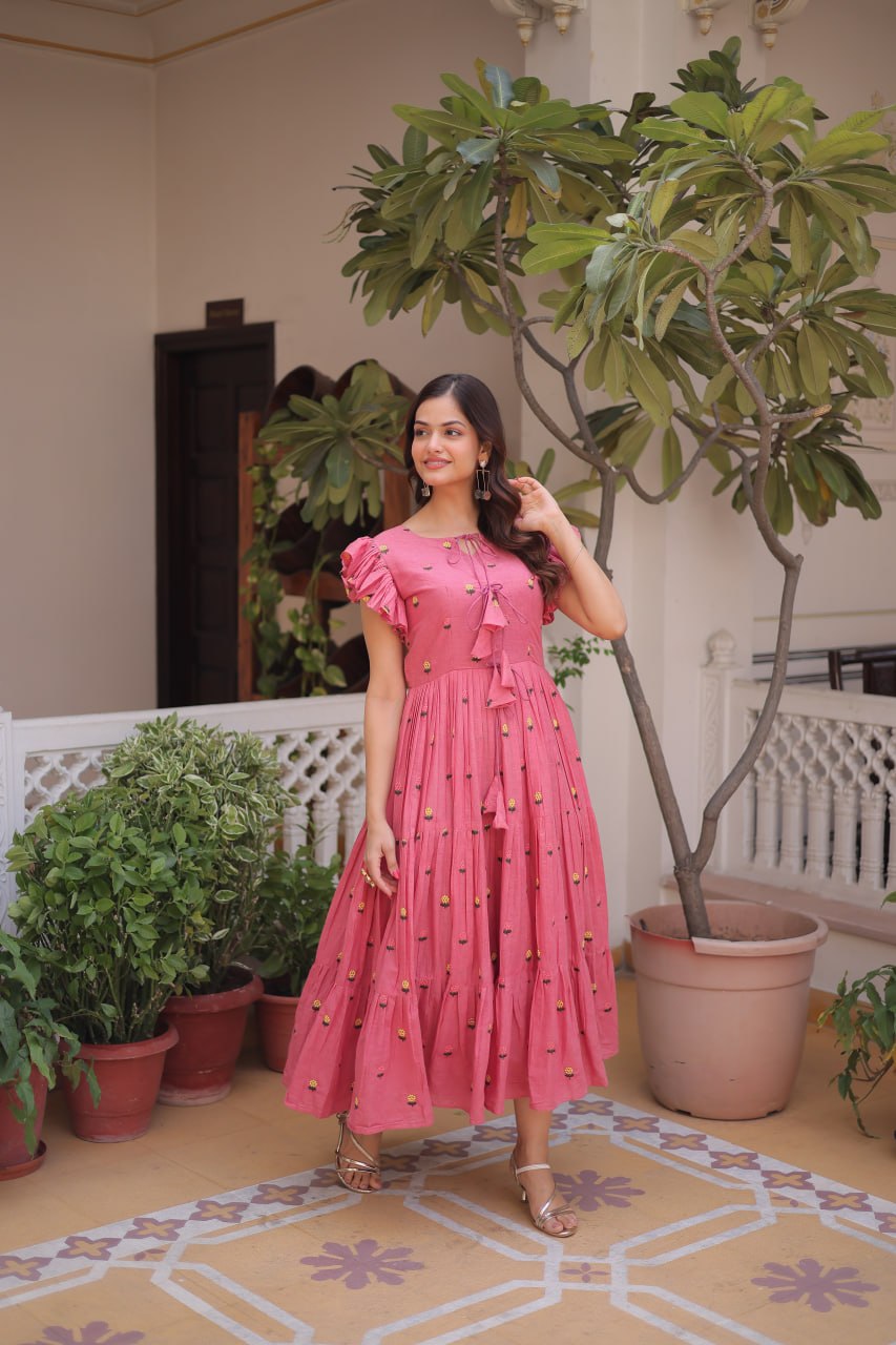 New Latest Trendy Designer Boho-Style Pink Ruffle Sleeve Dress for Women