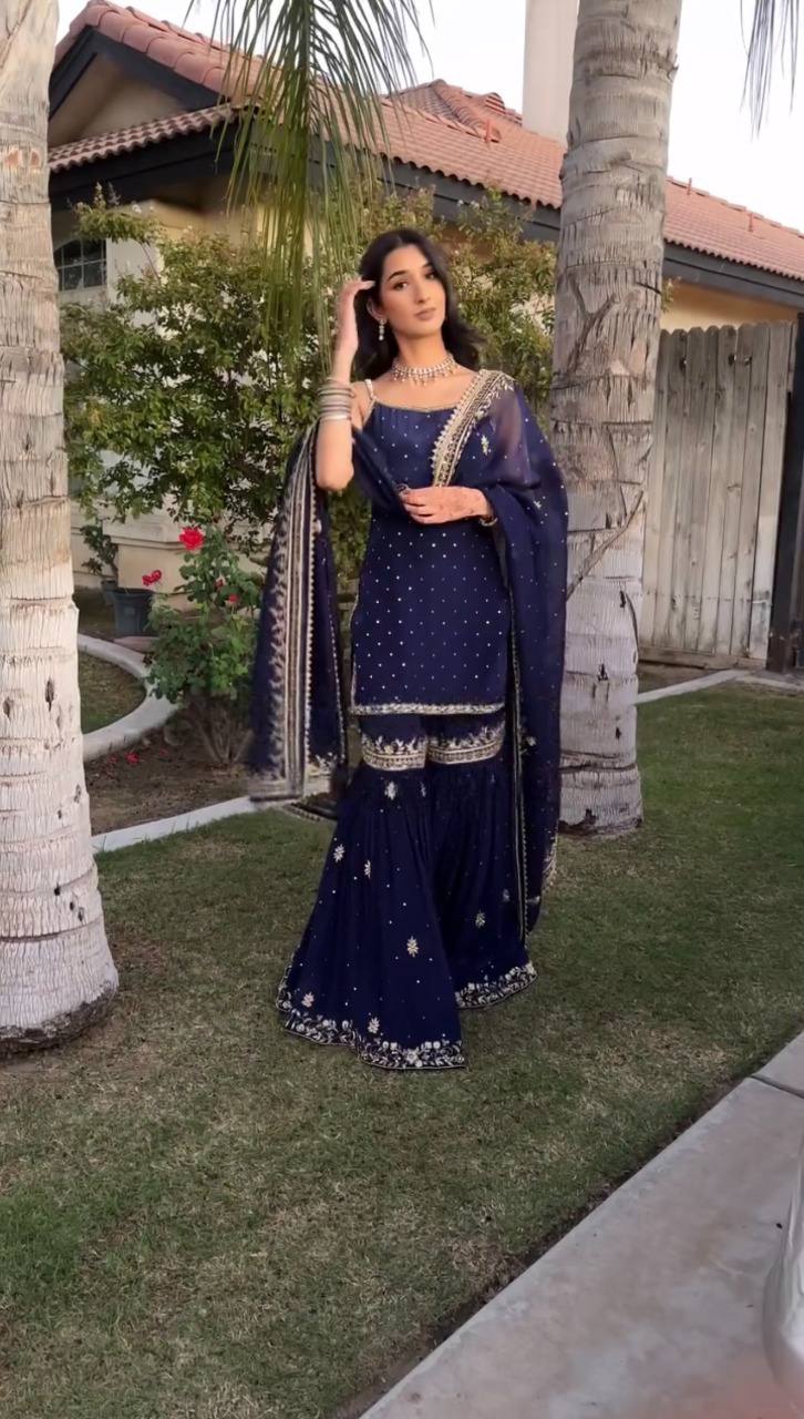 Midnight Glow Navy Blue Designer Sharara Suit