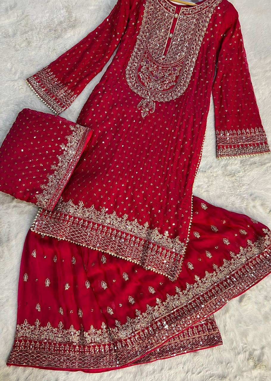 Foux Georgette Thread with Sequence Sharara Suit Fully Stiched