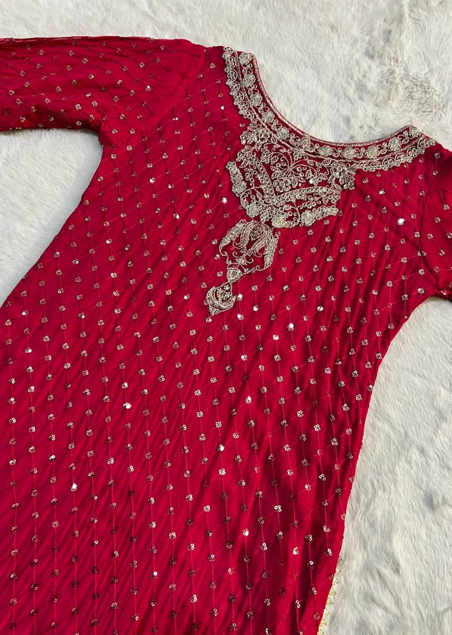Foux Georgette Thread with Sequence Sharara Suit Fully Stiched