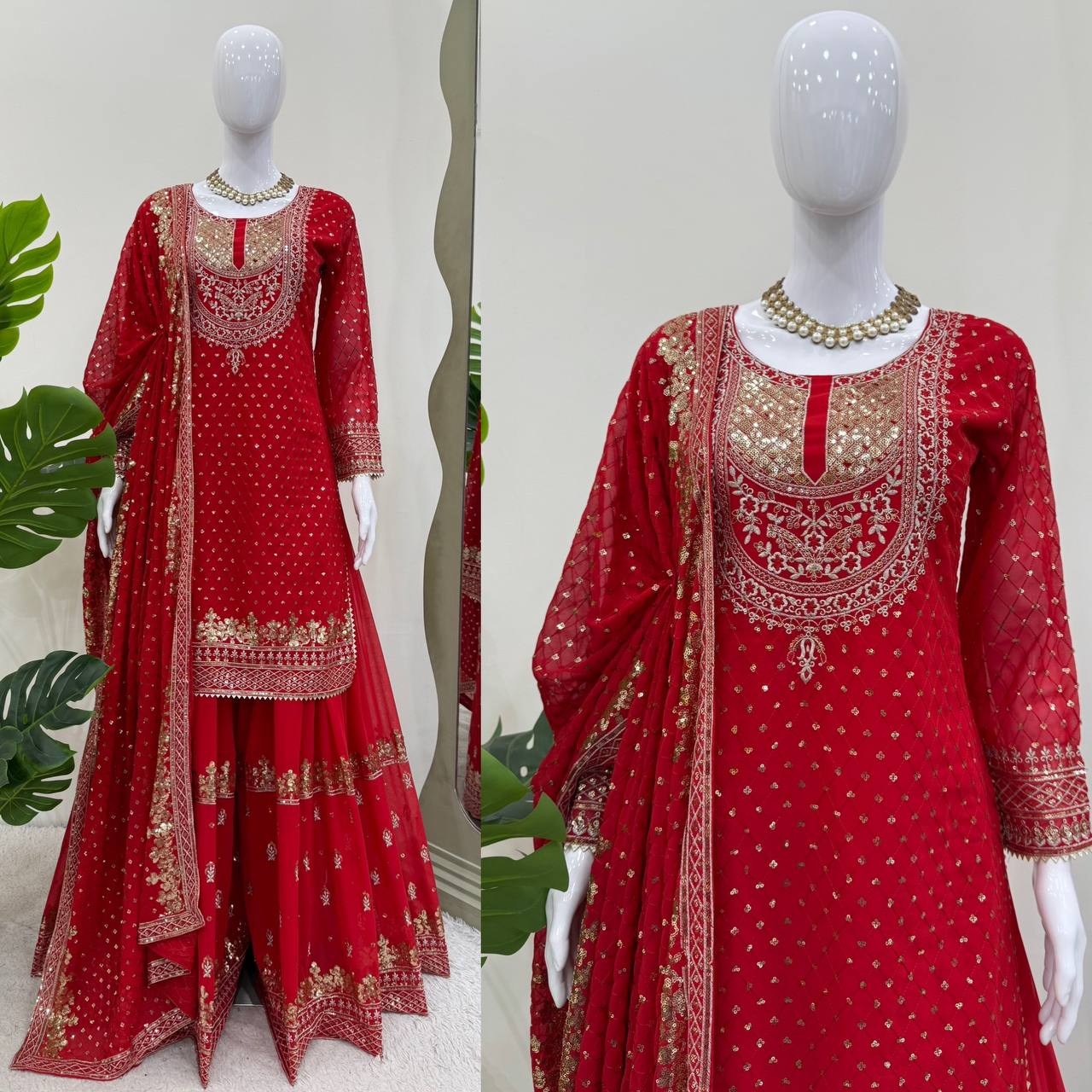 Foux Georgette Thread with Sequence Sharara Suit Fully Stiched