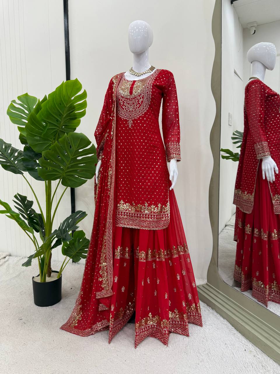 Foux Georgette Thread with Sequence Sharara Suit Fully Stiched